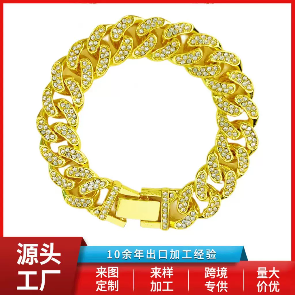 跨境欧美流行13mm宽单排镶钻合金项链男女个性嘻哈风古巴链轻奢