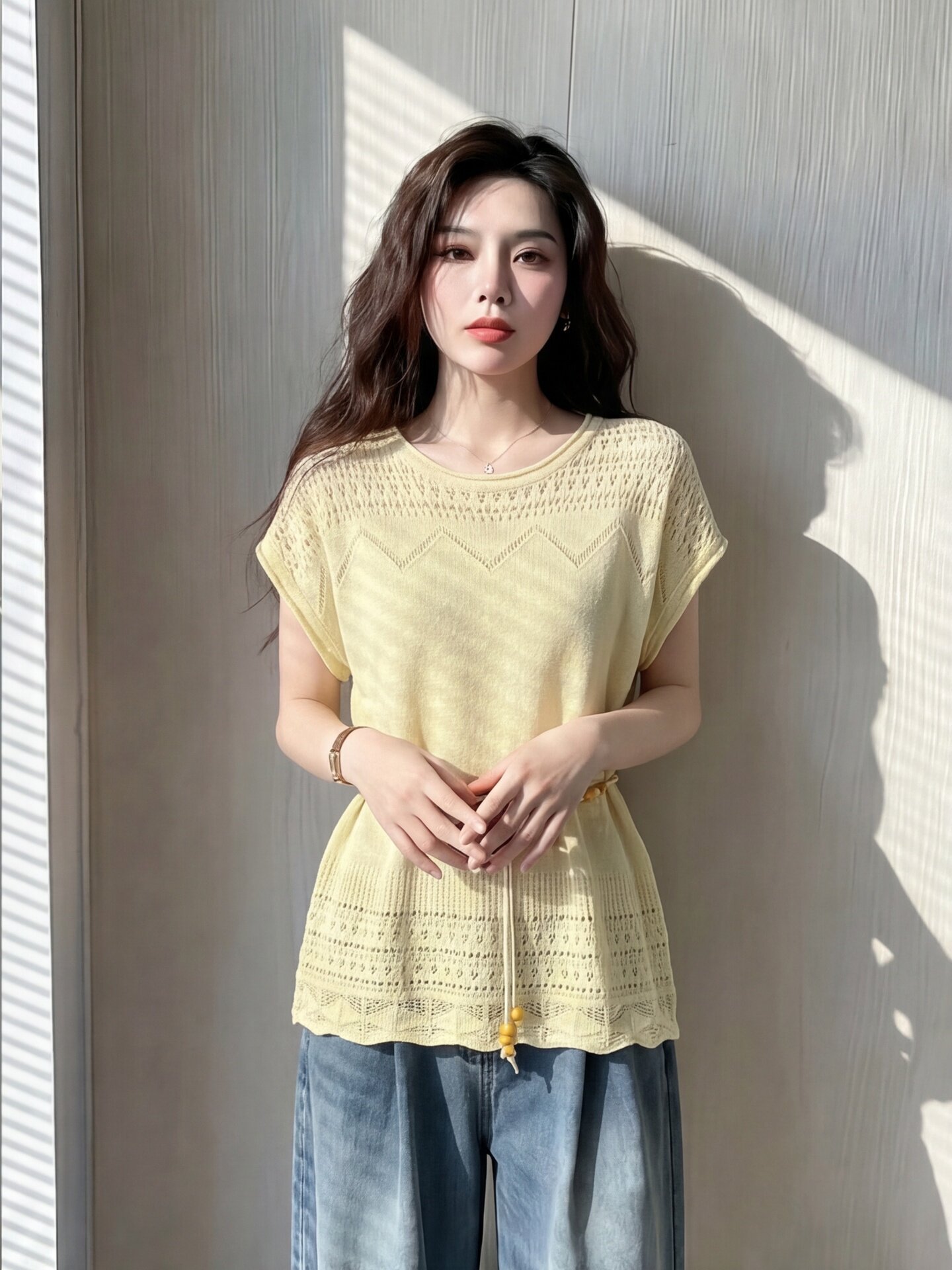 Áo thun nữ cổ tròn tay ngắn ren hở vai phong cách Pháp — xanh lam