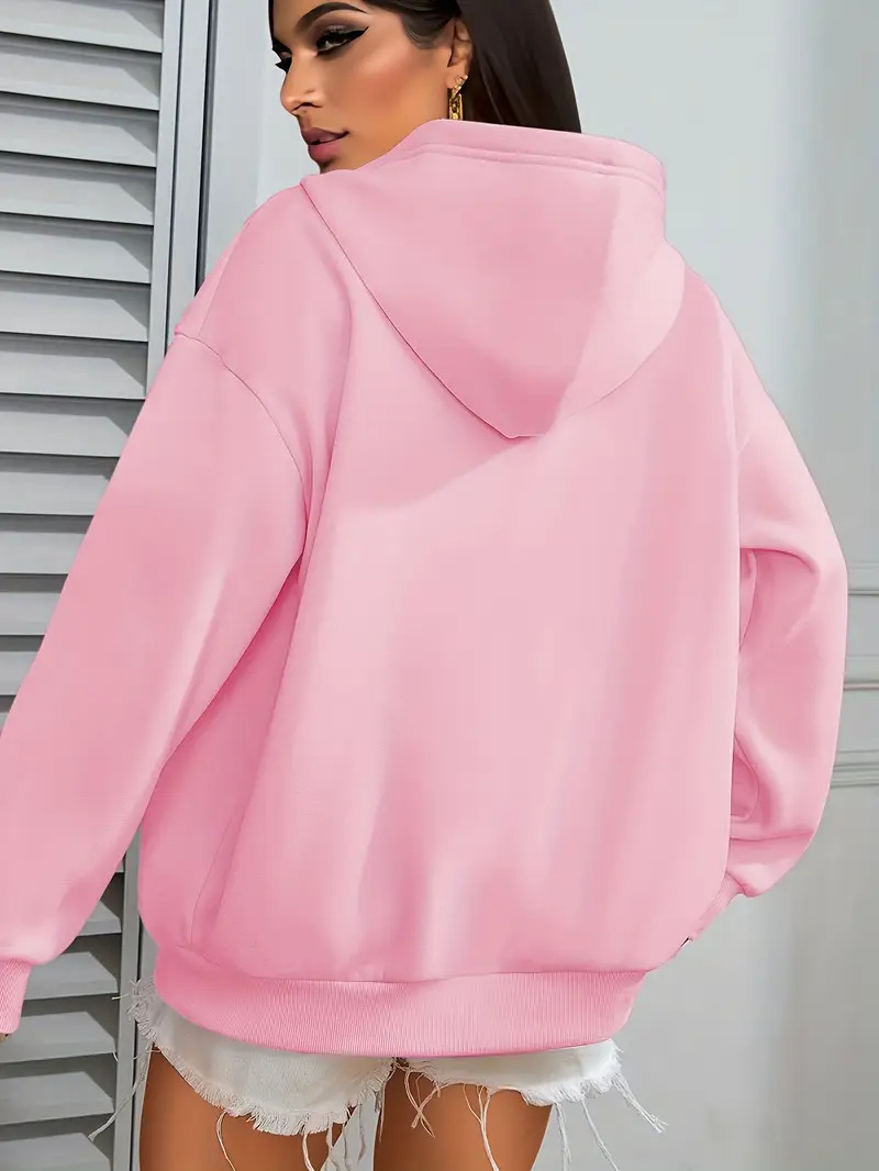 Women's Smiley Face Print Hooded Jacket Long Sleeve Fleece Lined Zip Up Street Style Loose Top_ecoleips.com