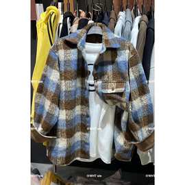 加厚秋冬2025新款复古格子长袖毛呢衬衫外套女宽松休闲气质上衣潮