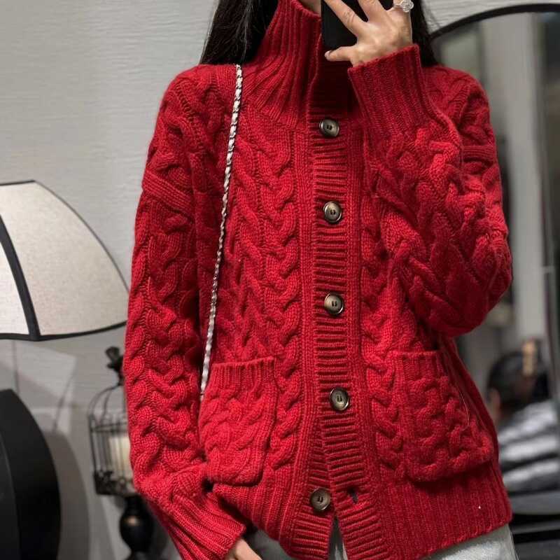 2025 New Autumn and Winter Cashmere Cardigan Women's High Collar Thickeneded Loose Lazy Style Sweater Jacket Wool Knitted Top