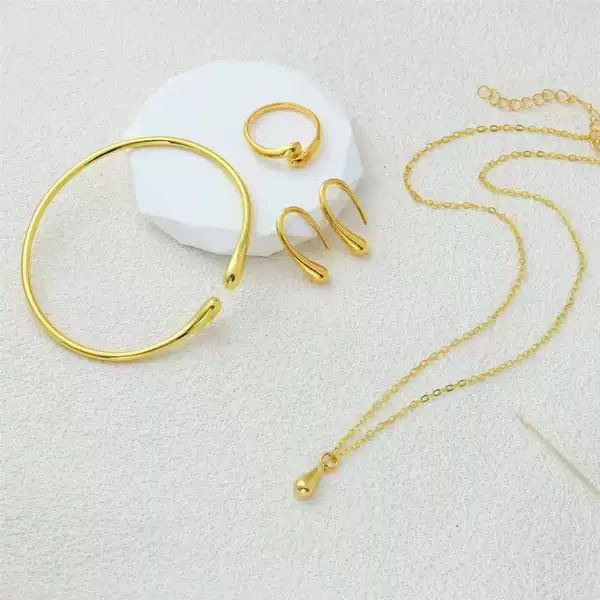 Cross-Border Water Drop Necklace Jewelry Set, Open Bracelet, Earrings, Ring, Four-Piece Set, Angel's Tear Pendant Accessories
