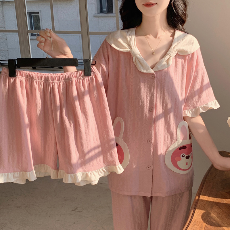 パジャマ女性夏綿質半袖三点セットかわいいアニメ薄手女子学生夏生放送ホームウェア卸売り|undefined