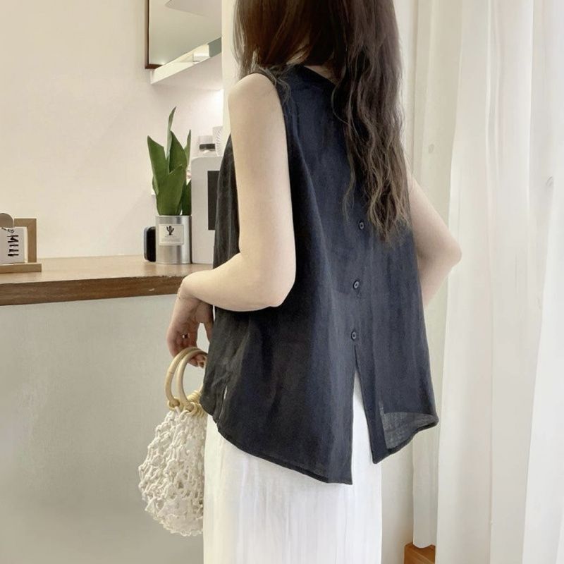 Summer New Style Western Style Cotton Shirt Elegant Commuter Shirt Small Fresh Back Split Women's Top