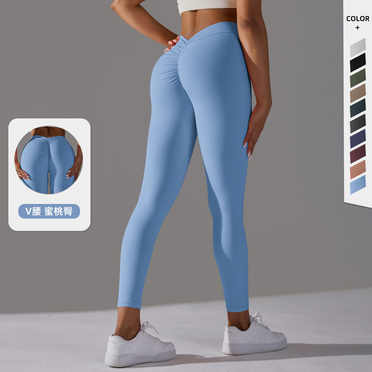 Transfronterizo europeo y americano cepillado V cintura plisada color sólido melocotón cadera yoga Pantalones deportes running fitness apretados pantalones recortadas