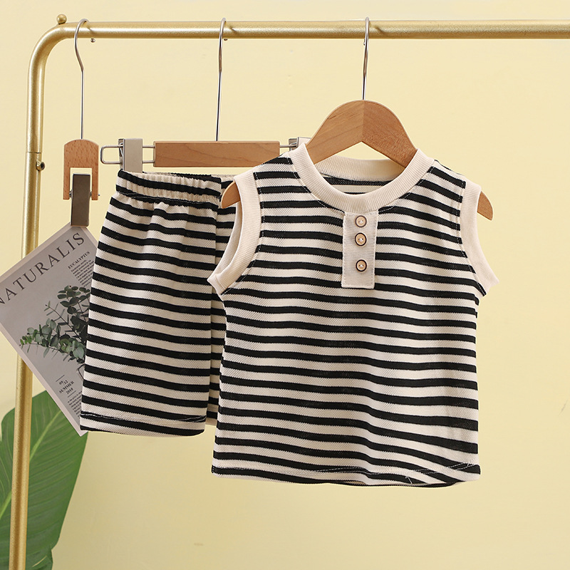 2025 New Children's Sleeveless Striped Suit Summer Girls Fashion Vest T-Shirt Korean Style Children's Three-Piece Set
