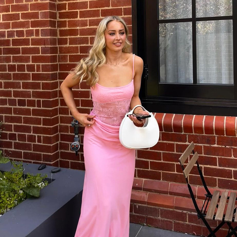 Spring Women Clothing Sexy Lace Stitching See through Backless Sling Dress