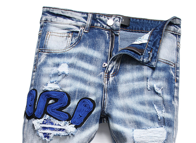 Jean bleu clair déchiré tendance extensible slim pieds pantalons mode tous les pantalons pour hommes_voghion.com