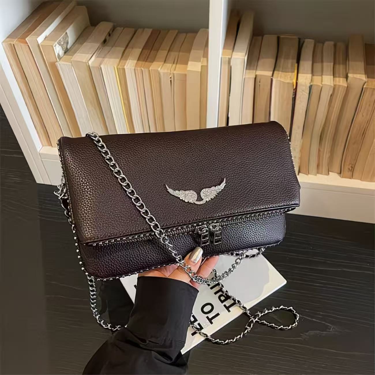 Other Rhinestone Wings Chain Crossbody Bag Black Pebbled Leather