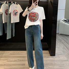 新中式时尚套装女2025春季新款洋气休闲国风刺绣T恤微喇裤两件套