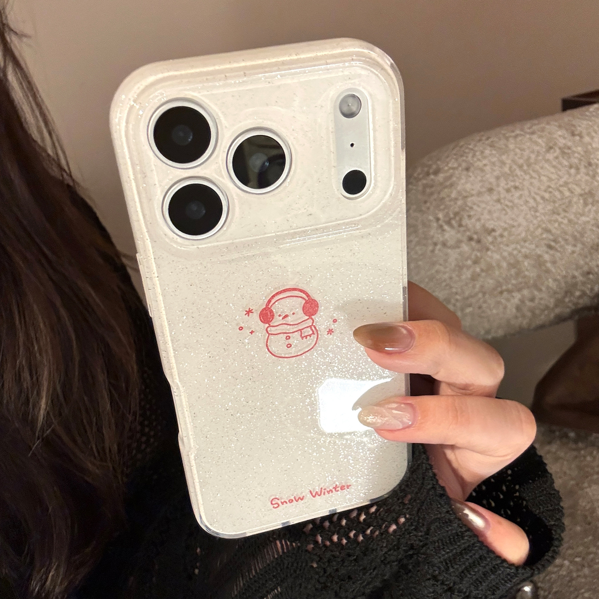 Protective Phone Case For Iphone With Glitter Winter Snowman Design_voghion.com