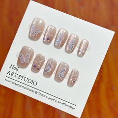 X306假指甲貼片可拆卸穿戴甲新品翩翩蝴蝶貓眼手工封層光療30片甲