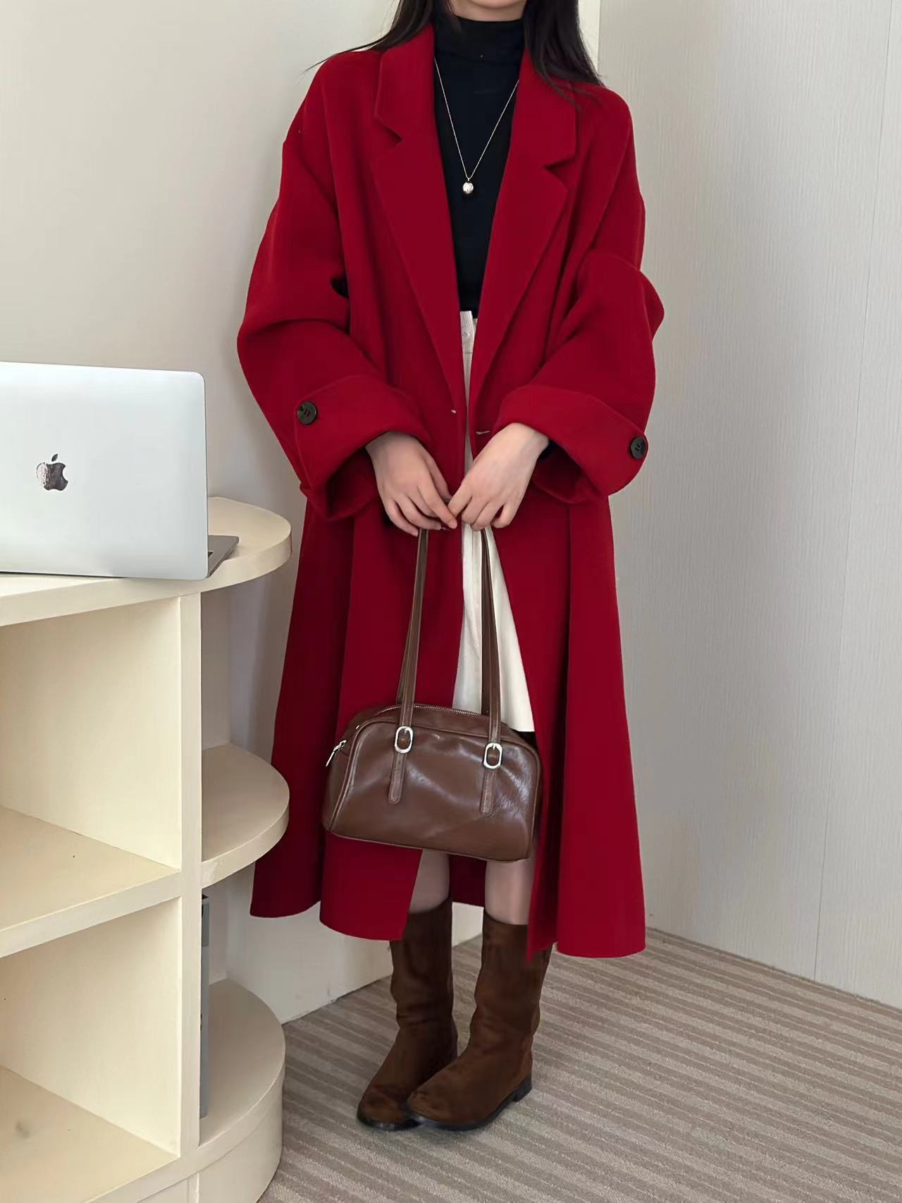 [Battle robe] Golden New Year red coat woolen coat women's winter double-sided wool coat versatile Long