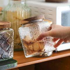 角型ガラス貯蔵タンクキッチン密封タンク防湿アカシア木貯蔵タンク食品茶葉缶収納瓶卸売り