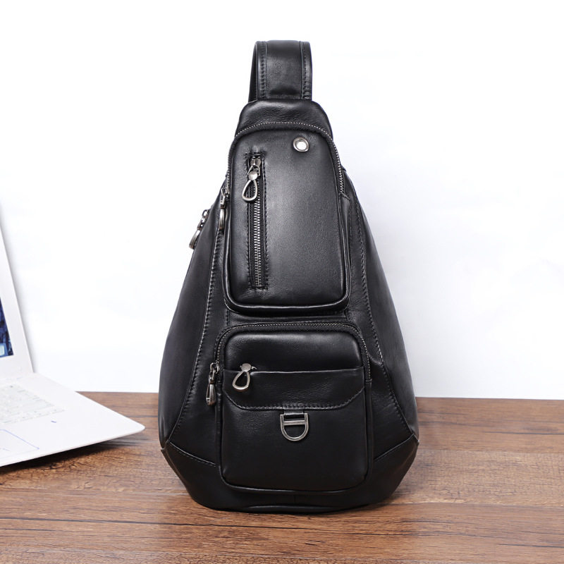Túi đeo ngực nam da bò thật cổ điển 18×8×31 cm — Màu đen