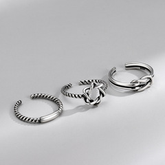 S925純銀日韓INS復古時尚六芒星麻繩扭結編織做舊泰銀開口女戒指