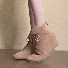 MuXuan~6cm内增高小众系带马丁靴小个子圆头绒面后拉链时装靴短靴