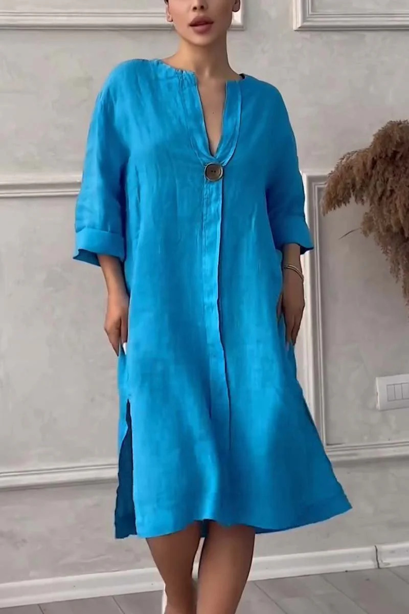 Mid Waist Waist Line Holiday Occasion Wholesale Women's Casual Button Solid Color Holiday Round Neck 3/4 Length Sleeve Shirt Dress