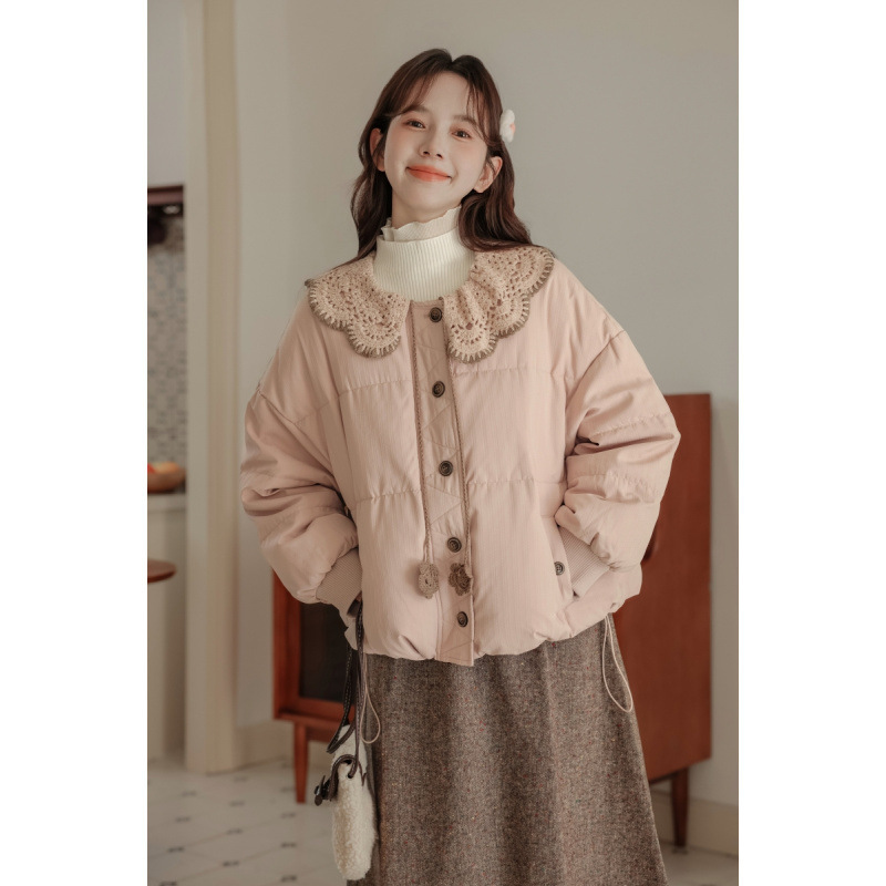 日系少女装外套冬季甜美小清新可拆卸娃娃领粉色棉服女短款棉衣
