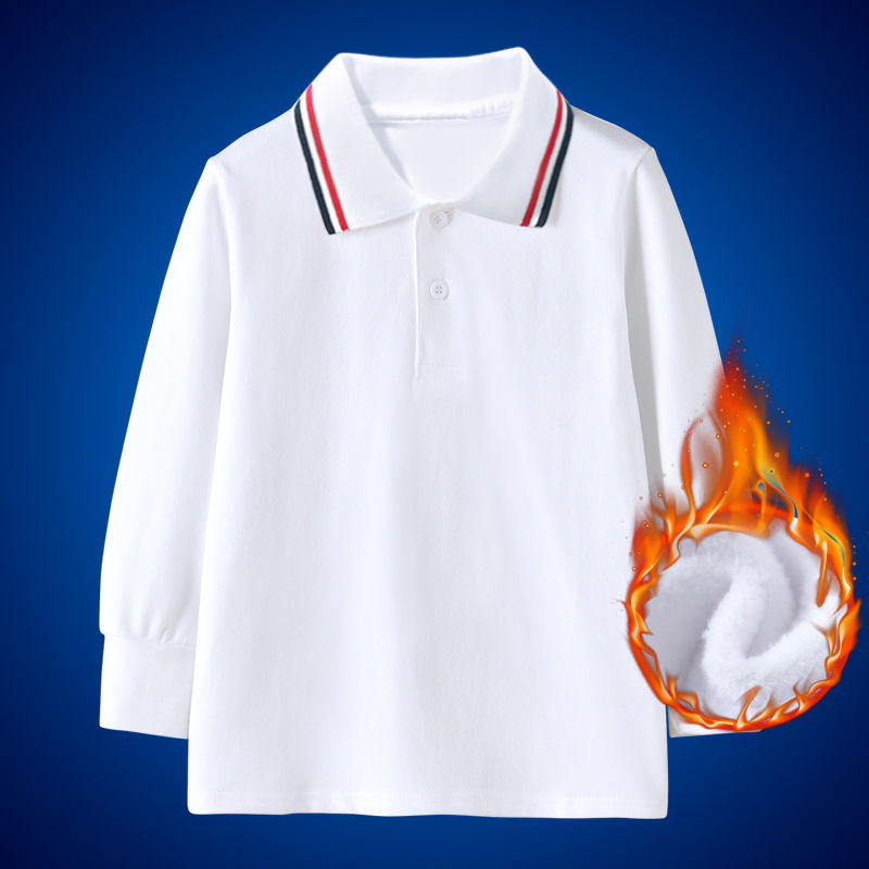 Children's White Polo Shirt Spring and Autumn Boys' Long-Sleeved T-Shirt Solid Color Girls' Base Shirt Student School Uniform Collared T-Shirt
