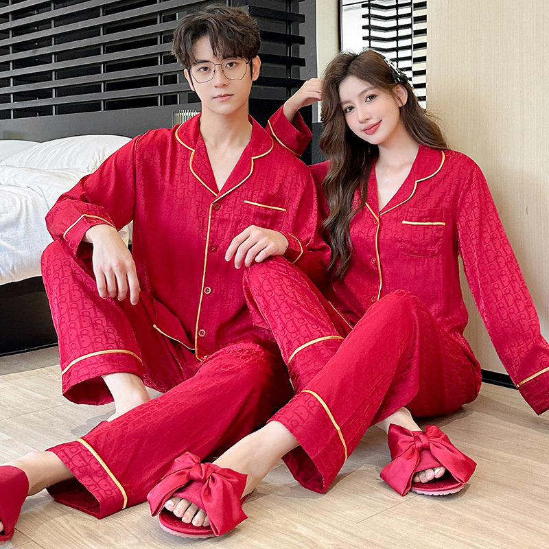 New couple pajamas, women's spring and autumn ice silk long sleeved pants, loose fitting home clothing, men's large autumn casual set