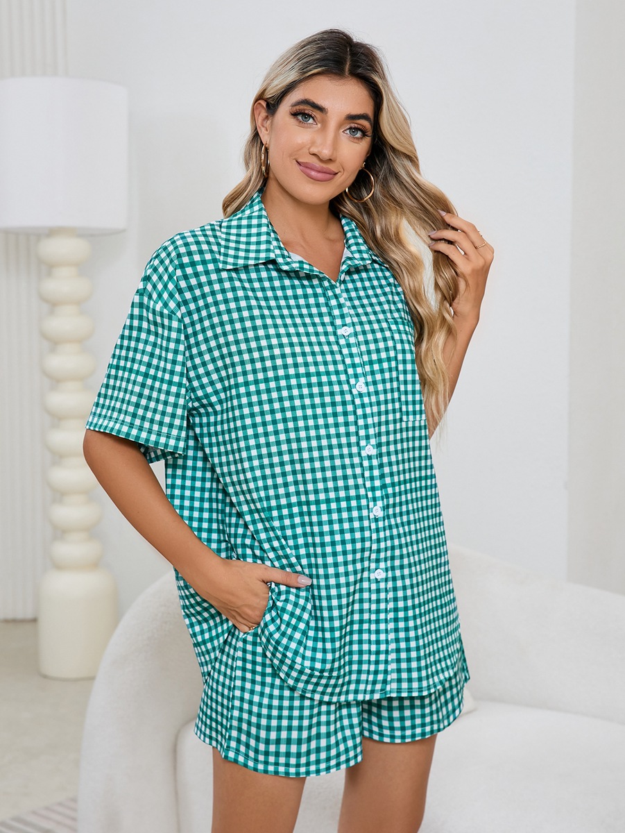 Women Casual Comfortable High Waist Loose Wide Legs Retro Plaid Shorts Checked Shirt Women