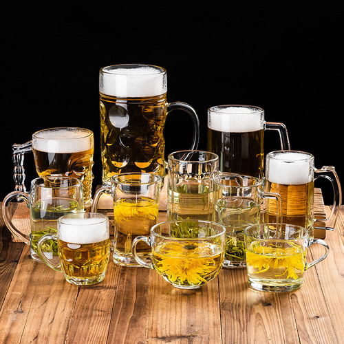 Glass cup Large beer cup Thick transparent heat-resistant tea cup without lid with handle Tea cup Poker room KTV bar