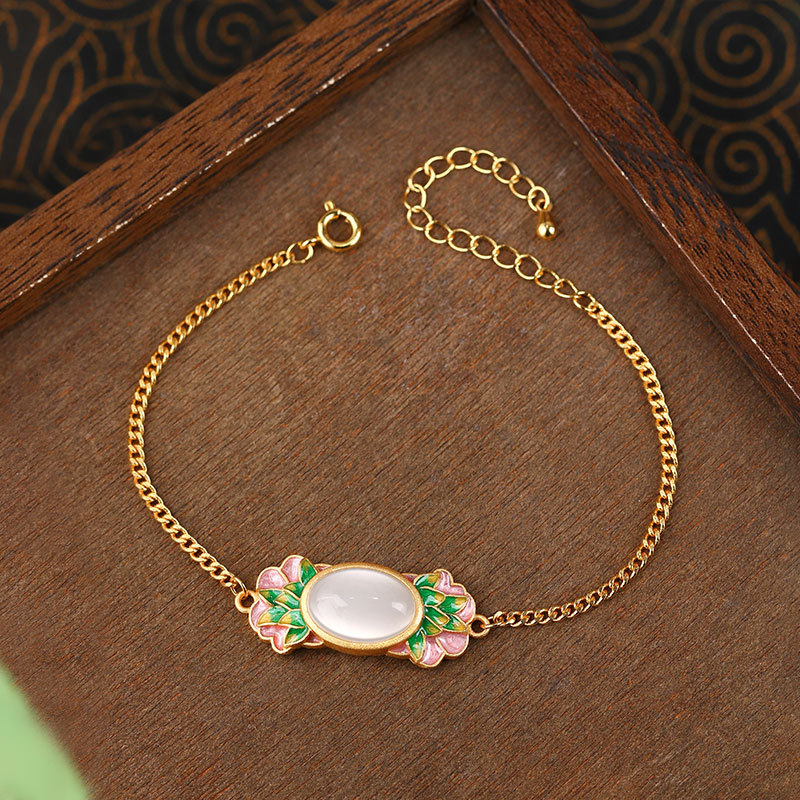 New Chinese Style Ancient Gold-Plated High-End Palace Style Good Luck Lotus Enamel Flower Bracelet Light Luxury Design Hand Jewelry