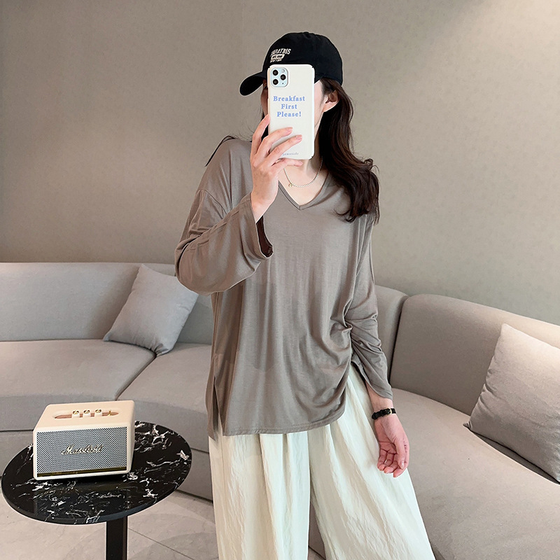 Modal V-Neck Long-Sleeved Sun-Protective Shirt Women's Summer Thin Loose Casual T-Shirt Solid Color Inner Base-Layer Shirt Top