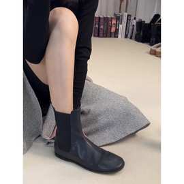 羊皮版~弹力瘦瘦靴子百搭平底圆头单靴套筒显瘦切尔西靴通勤裸靴