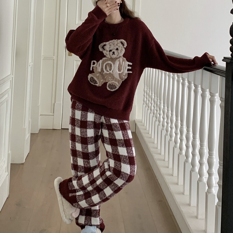 Joyce 23 Winter new women's pajamas suit New Year Christmas wine red bear round neck Plaid wide-leg pants