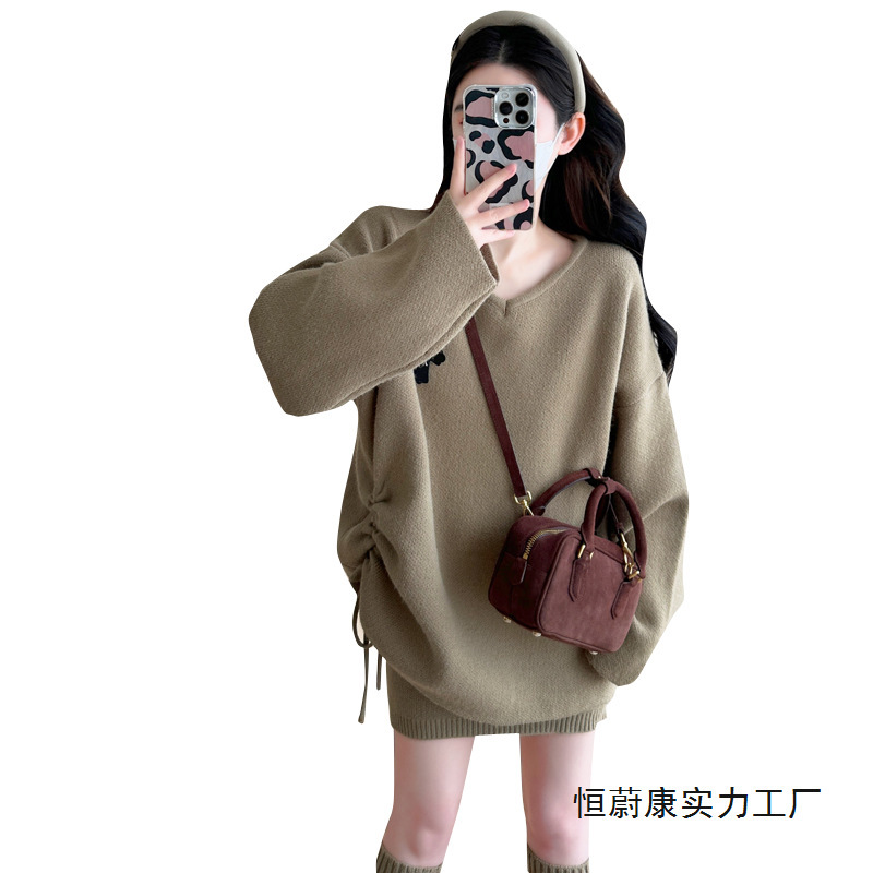 Plus-Size Korean-Style Elegant Maternity Spring and Winter Dress, Knitted Sweater, Short Skirt, Fashionable Casual Mom Outfit, Two-Piece Set