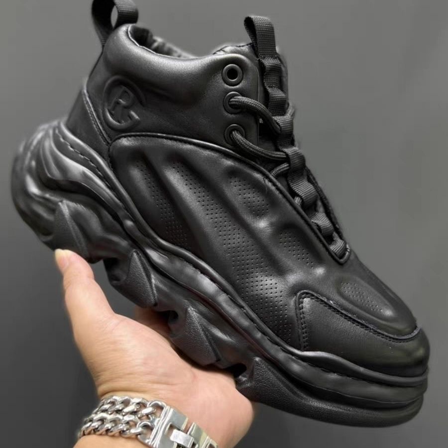M's Dad 2023 Autumn Leather New High-Top Thick-Soled Height-Increasing Sneakers Casual Trdy Korean Style Shoes For_vogvips.com