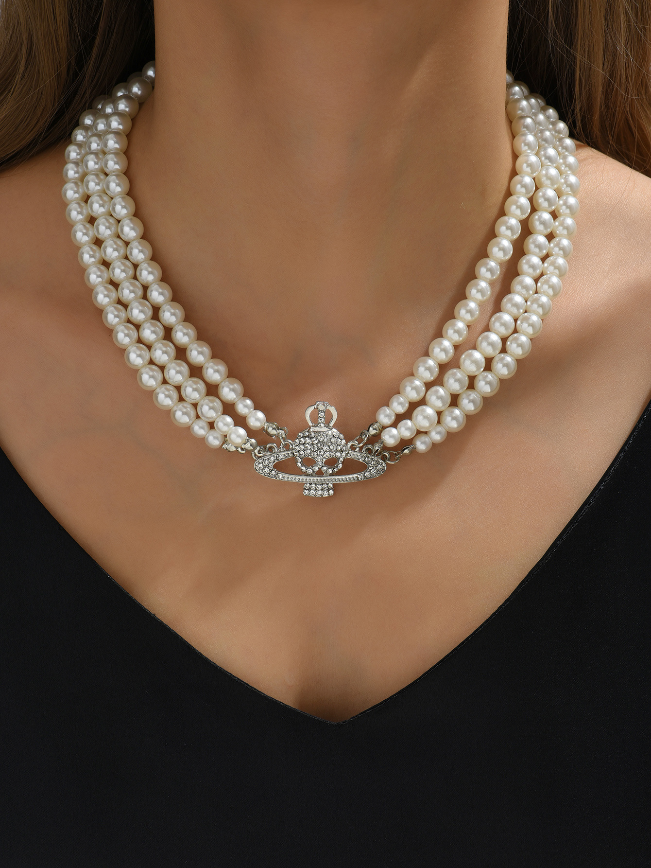 1 Piece Fashion Crown Skull Beaded Alloy Pearl Inlay Rhinestones Womenu0027S Layered Necklaces