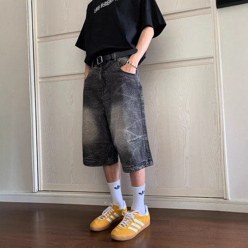 Men's Summer Thin Washed Denim Short Cargo Shorts American Street Style Versatile Loose Straight Leg Sports Seven-Eighth Pants