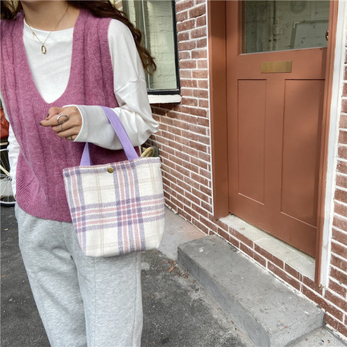08181 Japanese and Korean simple ins woolen lunch bag literary and fresh plaid handbag striped retro women's bag