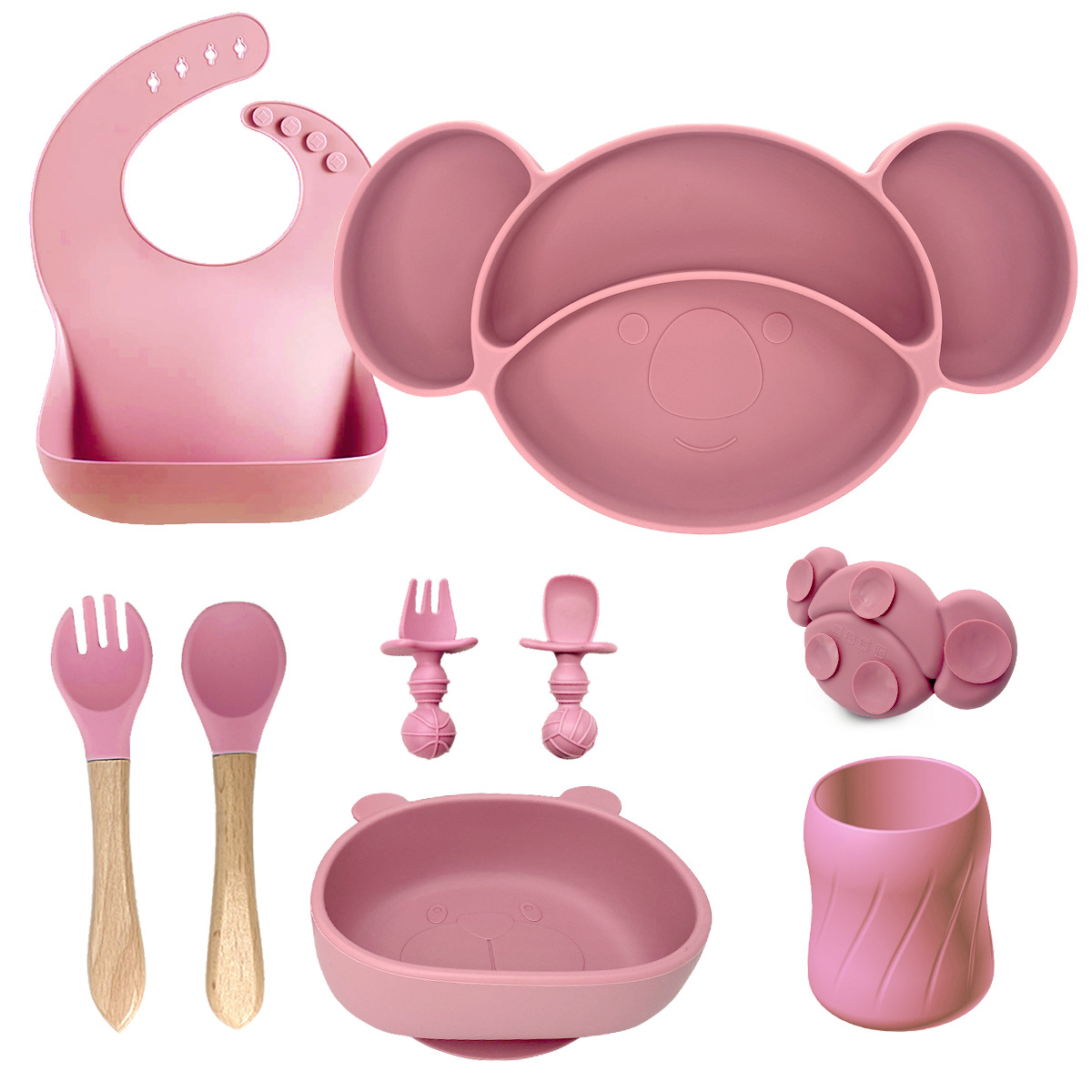 深粉色-树袋熊+围兜+熊猫碗+短叉勺+木叉勺+小蛮腰杯