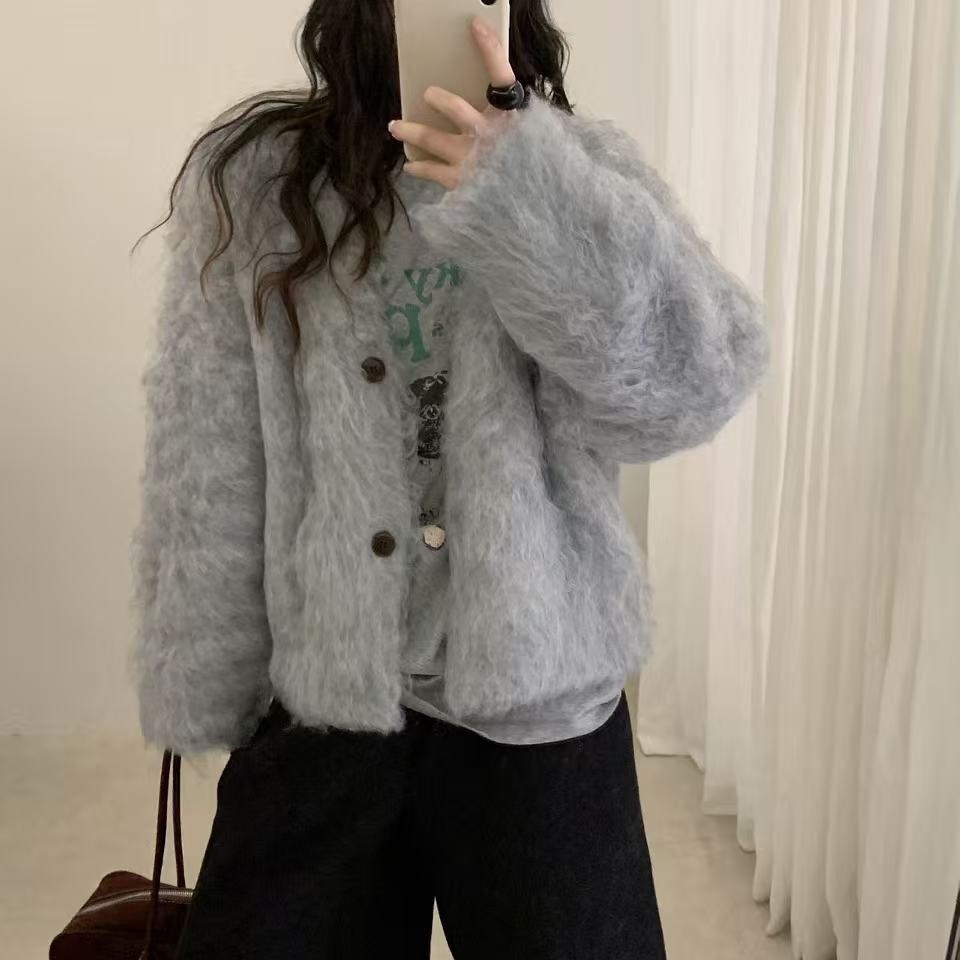 韩时尚氛围感仿水貂绒外套女秋冬温柔洋气宽松v领针织开衫G1713