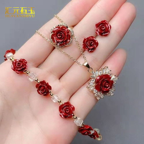 Natural Cinnabar Rose Ring Pendant Earrings DIY Braided Ring Rose Bracelet Bracelet Live Supply