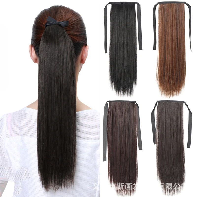 Straight Hair Ponytail High-Temperature Fiber Wig Bundle for Women with Faux Hair Braid Ponytail and Rose Inner Net