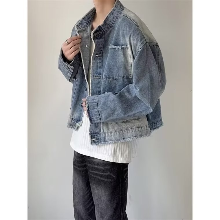 New Arrival Rag Collar Washed Shoulder Pad Vintage Denim Jacket Men's Korean Style Autumn Short Jacket suit Trend