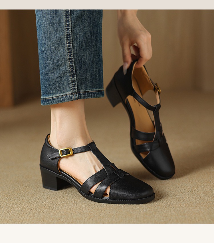 Sandal nữ quai chữ T da cừu rỗng gót xuồng 5 cm — Màu be chi tiết 5