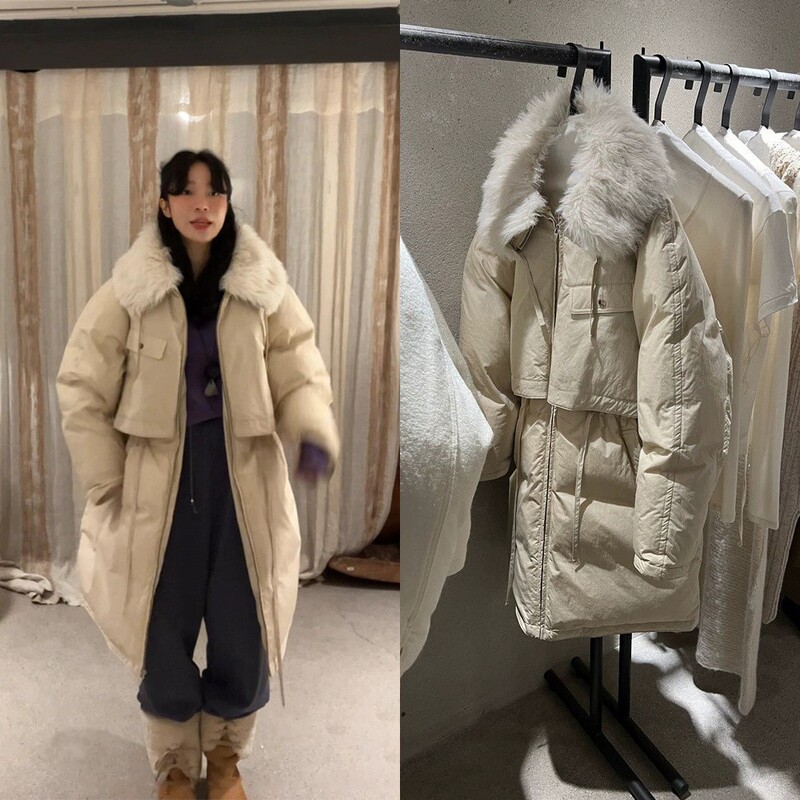 Now the New 2025 Winter Model from Korean Designer Ve*So Is a Stylish Drawstring Parka down Jacket with a Large Fur Collar