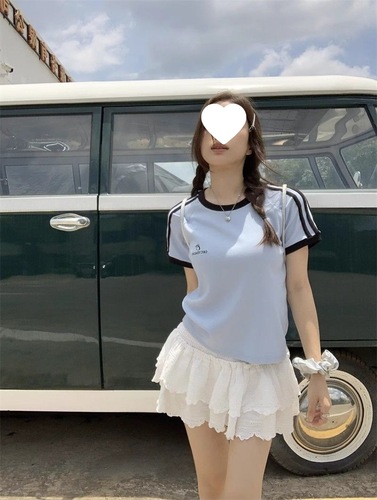 [40-Thread Count Faux Cotton] Women's Short-Sleeved Top with Three Stripes, Round Neck, Slim-Fit Embroidered Outerwear T-Shirt—Blue