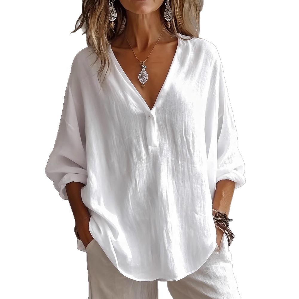 Women's V-Neck Long Sleeve Blouse Relaxed Fit Pullover Top For Autumn Casual Wear_ecoleips.com