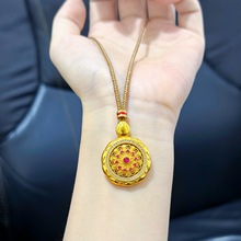 沙金镶钻孔雀花红宝石罗盘吊坠项链女仿真黄金镂空花丝挂坠毛衣链
