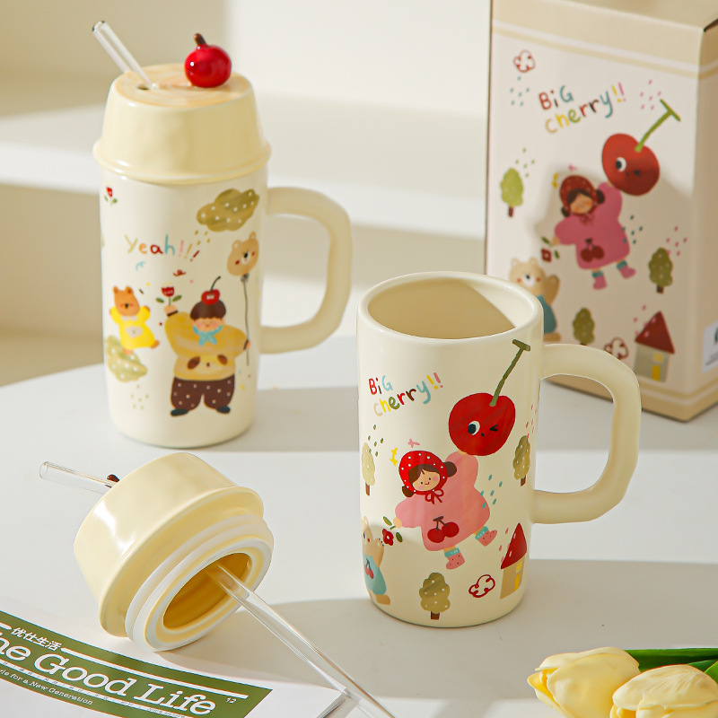 Caricatura creativa para niños y niñas tazas de cerámica con cubierta de paja para parejas tazas de agua taza de leche taza de desayuno regalo