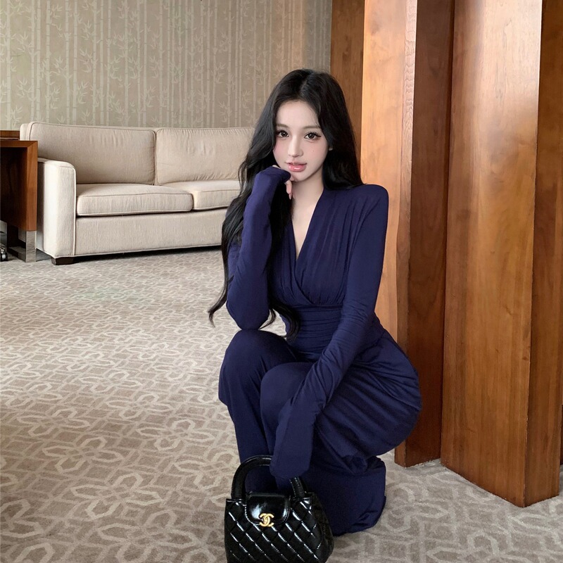 实拍 法式V领纯欲风长袖收腰上衣女休闲高腰阔腿裤垂感长裤套装潮|undefined