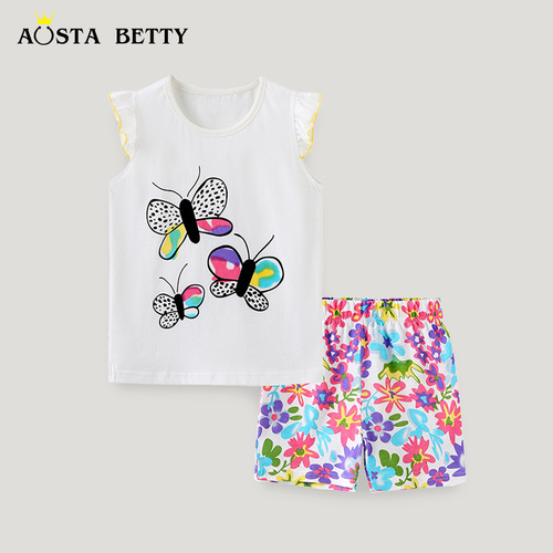 Summer Girl Set Western Fashion Cute Print Children Short Sleeve Knit Cotton Crew Neck T-shirt Set