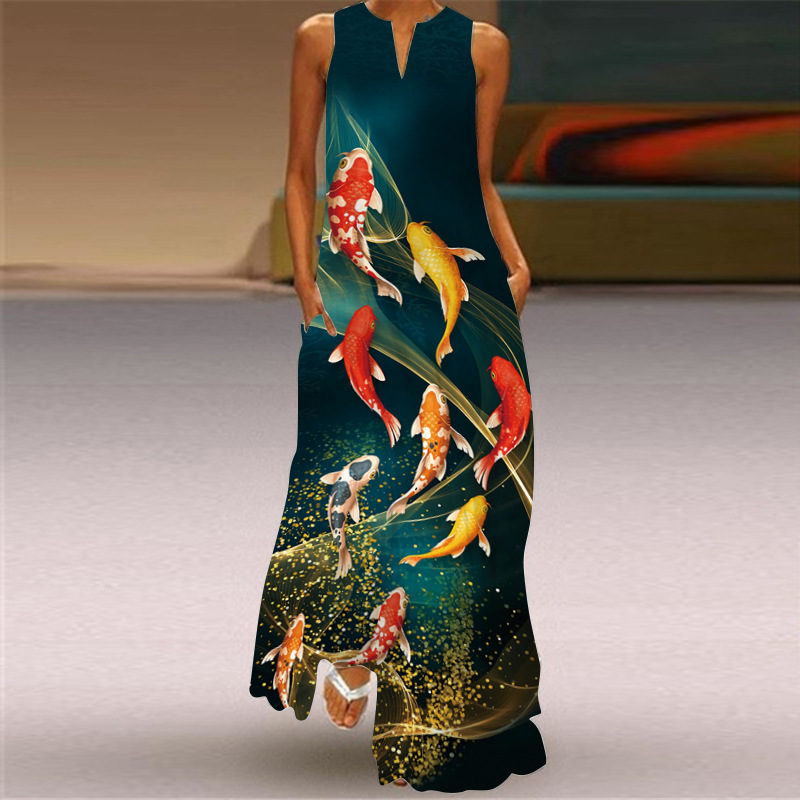 2026 New Pocket-Style European and American Retro Printed Long Dress V-Neck Multi-Color Long Sexy Sleeveless Dress